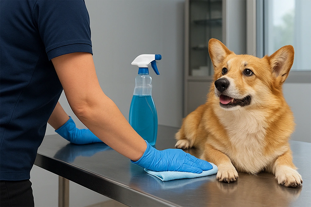 Tierarztpraxisreinigung mit Corgi auf dem Behandlungstisch